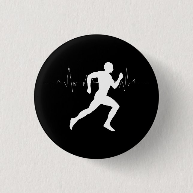 Man Running Runners Silhouette HeartBeat Line  1 Inch Round Button (Front)