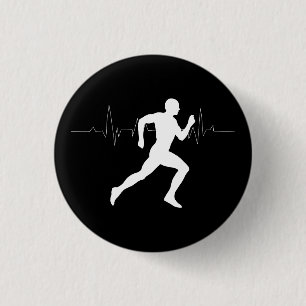 Man Running Runners Silhouette HeartBeat Line 1 Inch Round Button
