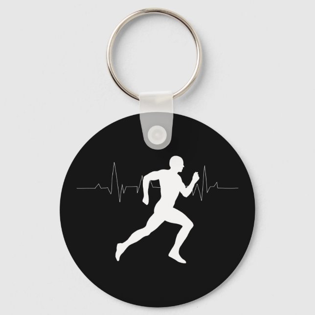 Man Running Runners Silhouette HeartBeat Line  Keychain (Front)