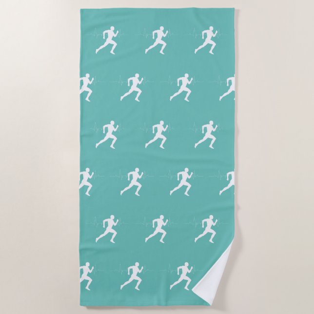 Man Running Runners Silhouette HeartBeat Line Mint Beach Towel (Front)