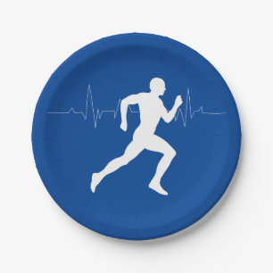Man Running Runners Silhouette on Blue Background  Paper Plate