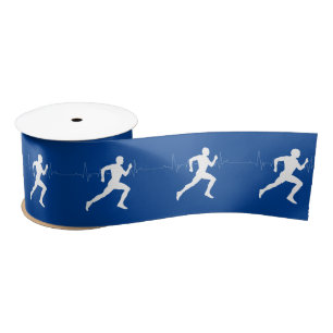 Man Running Runners Silhouette on Blue Background Satin Ribbon