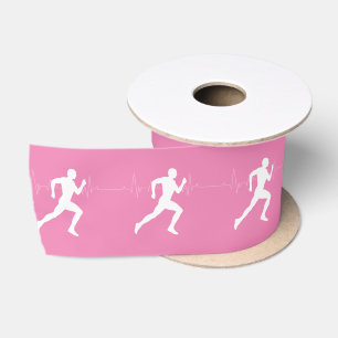 Man Running Runners Silhouette on Pink Background Satin Ribbon