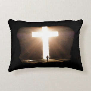 Man Running To Glowing Christian Cross of Jesus Accent Pillow