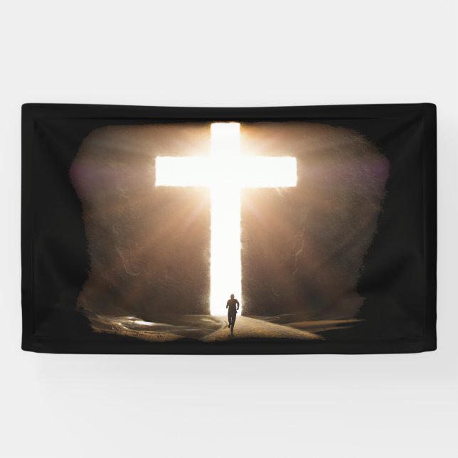 Man Running To Glowing Christian Cross of Jesus Banner (Horizontal)