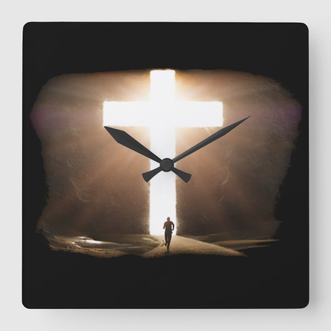 Man Running To Glowing Christian Cross of Jesus Square Wall Clock (Front)