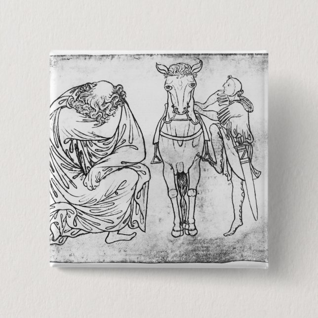 Man seated, Knight mounting his horse 2 Inch Square Button (Front)