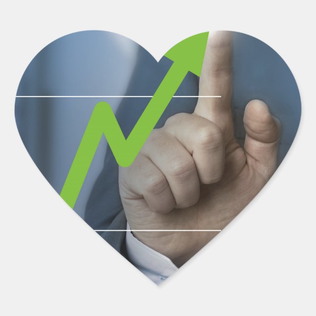 Man showing stock price touchscreen concept heart sticker (Front)