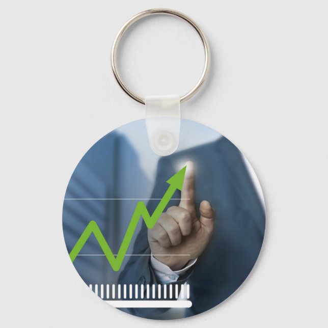 Man showing stock price touchscreen concept keychain (Front)