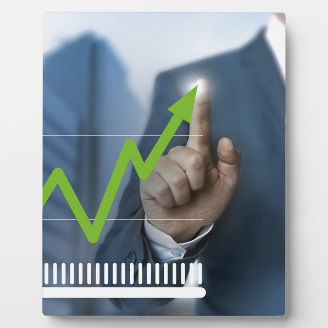 Man showing stock price touchscreen concept plaque (Front)