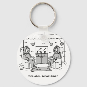 Man Spoils His Tropical Fish - Funny Cartoon on a Keychain