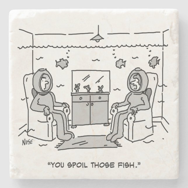 Man Spoils His Tropical Fish - Funny Cartoon on a Stone Coaster (Front)