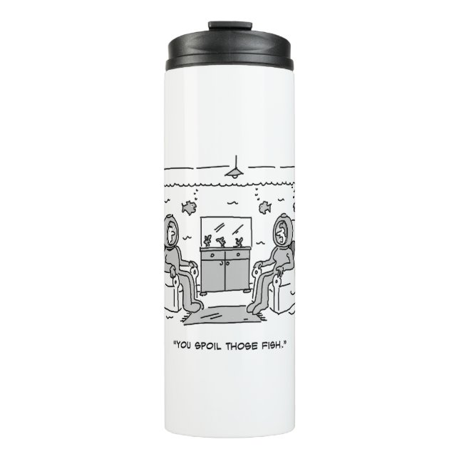 Man Spoils His Tropical Fish - Funny Cartoon on a Thermal Tumbler (Front)