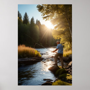 *~* Man Sun Fishing Stream Nature AP49 Poster