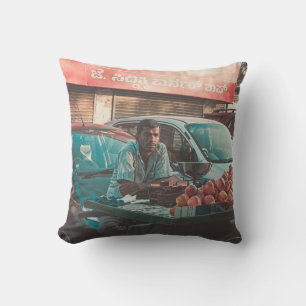 MAN VENDING APPLES NEAR PARKED CARS THROW PILLOW