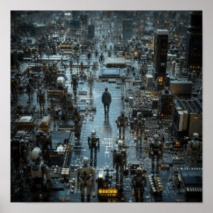 Man Walking Through Robot Cityscape Poster