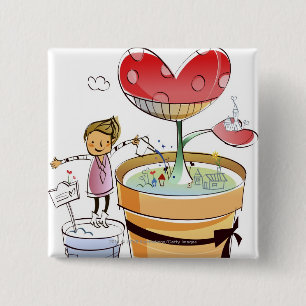 Man watering a potted plant 2 inch square button