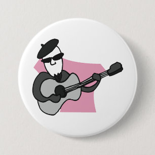 Man Wearing Beret Playing Acoustic Guitar 3 Inch Round Button