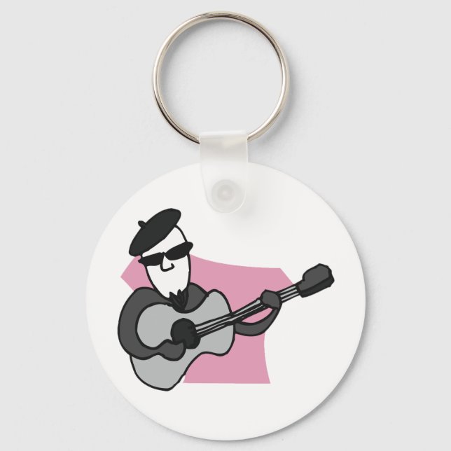 Man Wearing Beret Playing Acoustic Guitar Keychain (Front)
