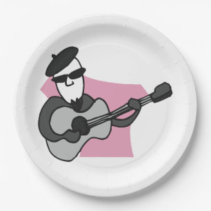 Man Wearing Beret Playing Acoustic Guitar Paper Plate