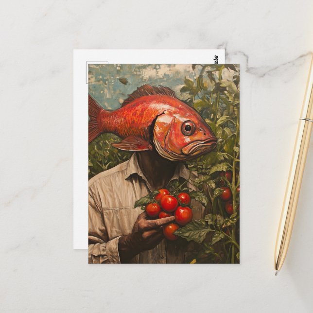 Man with a Fish For a Head in a Tomato Garden Postcard (Front/Back In Situ)