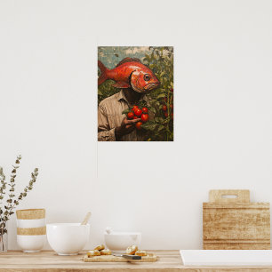 Man with a Fish For a Head in a Tomato Garden Poster