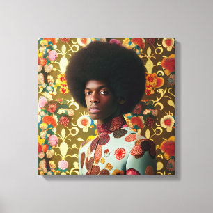 Man with an afro standing in front of a floral wal canvas print