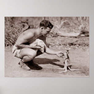 Man with Baby Kangaroo Poster