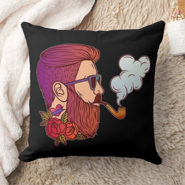 Man with Beard Red Heart Tattoo Pipe Sunglasses Throw Pillow (Blanket)