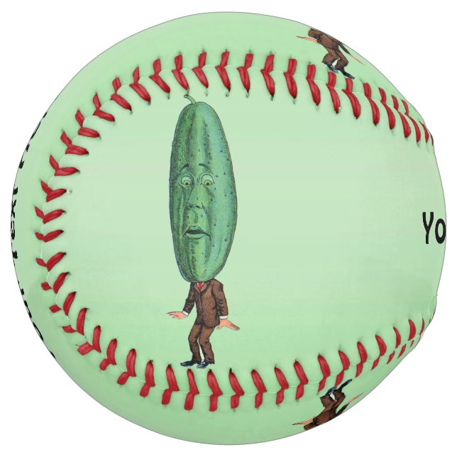 Man With Big Green Pickle Head Face Brown Suit Softball (Front Left)