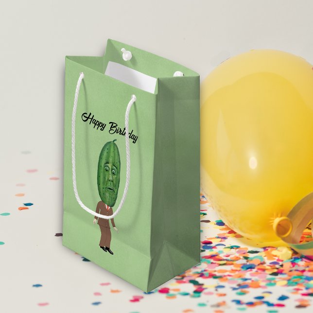 Man With Big Pickle Head Surprised Face Green Small Gift Bag (Funny man in brown suit big pickle head with face on light green Birthday gift bag.)