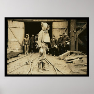 Man with oxygen helmet at a coal mine poster
