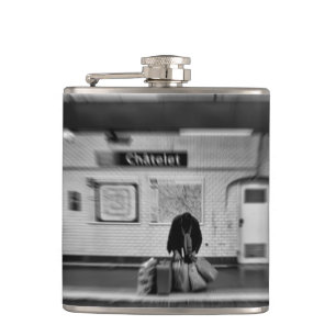 Man with shopping bags in subway (Chatelet) Hip Flask