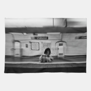 Man with shopping bags in subway (Chatelet) Kitchen Towel