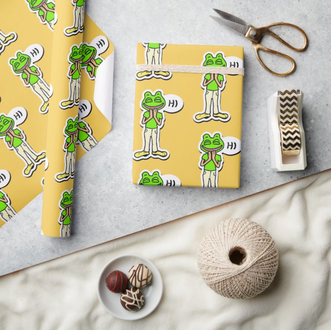Man with Smiling Frog Head on Yellow AI Art Wrapping Paper (Crafts)