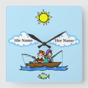 Man & Woman Fishing in Boat Wall Clock Customize!