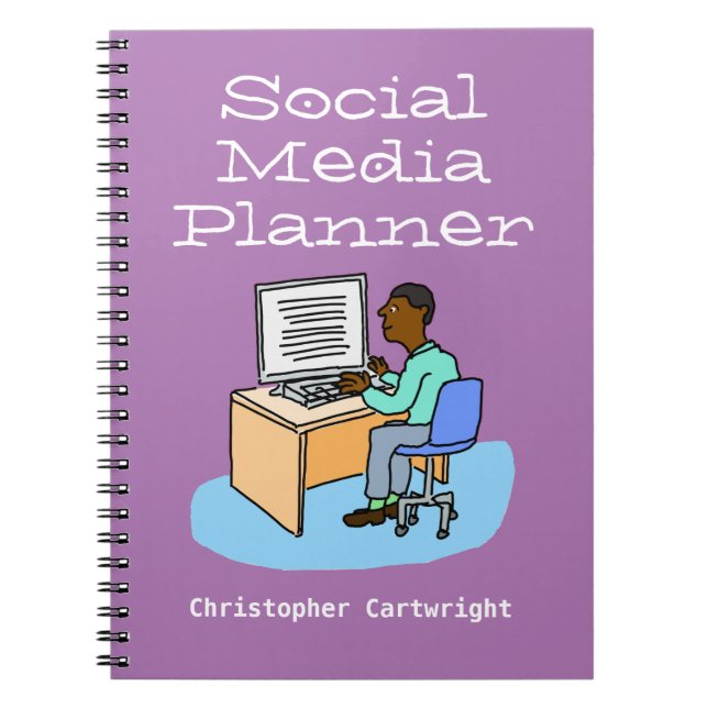 Man working on Social Media at a computer. Notebook (Front)