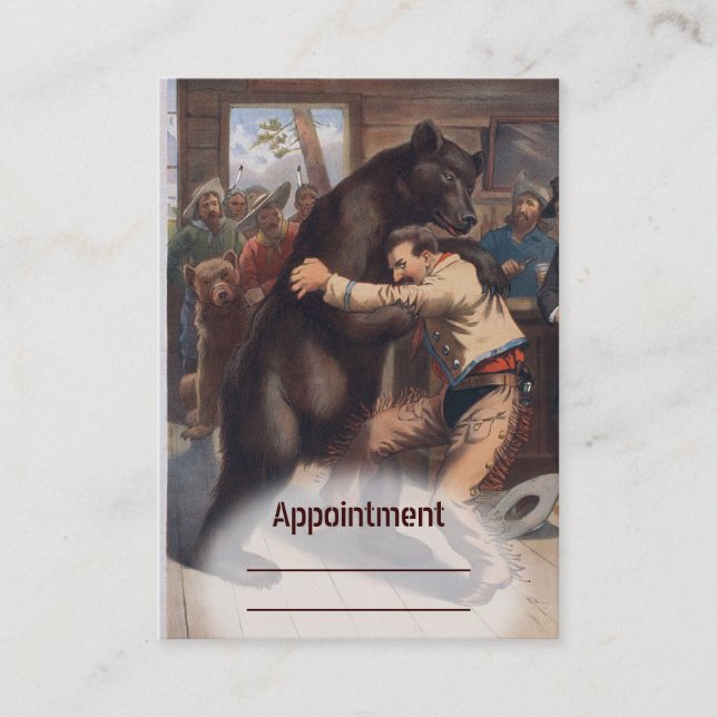 Man Wrestles Bear - Vintage Litho Appointment Card (Front)