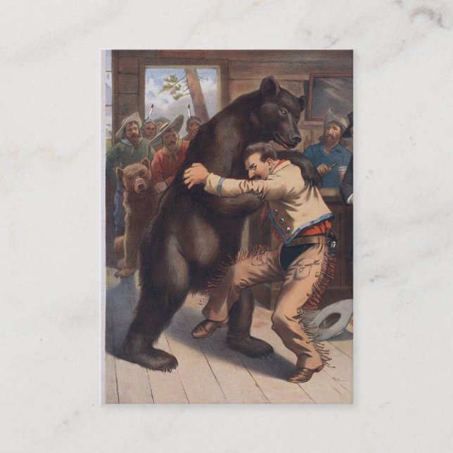 Man Wrestles Bear - Vintage Lithograph Business Card (Front)