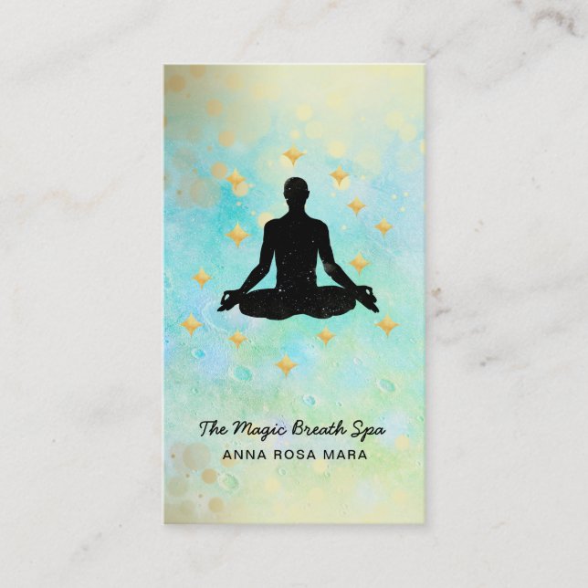 ** Man Yoga Glitter Gold Meditation  Mindfulness Business Card (Front)