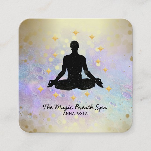 *~* Man Yoga Gold Meditation . Mindfulness Glitter Square Business Card (Front)