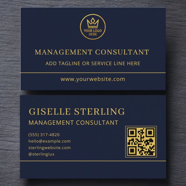 Management Consultant Blue Gold Logo QR Code Business Card (Creator Uploaded)