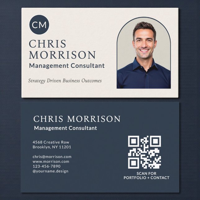 Management Consultant Photo QR Code Navy Blue Business Card (Creator Uploaded)