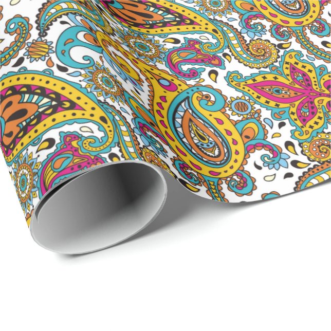 Manarani Queen Paisley Pattern Turquoise Orange Wrapping Paper (Roll Corner)