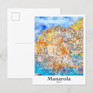Manarola Italy Travel Watercolor Hand Drawn Postcard
