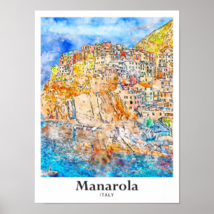 Manarola Italy Travel Watercolor Hand Drawn Poster