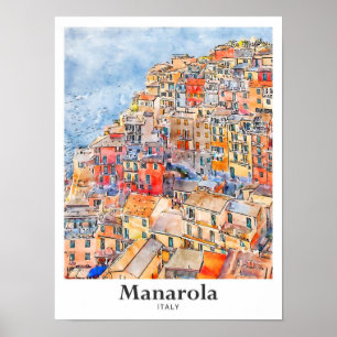 Manarola Italy Travel Watercolor Hand Drawn Poster