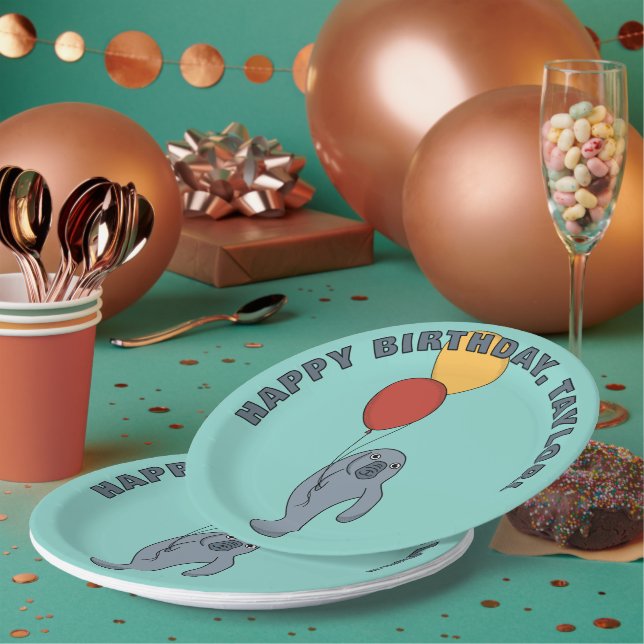 Manatee and Balloons Custom Birthday Party Paper Plate (Multi)