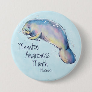 Manatee Awareness Month, watercolor manatee 3 Inch Round Button