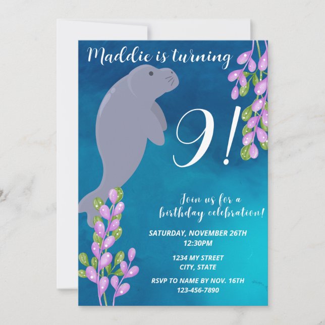 Manatee Birthday Invitation (Front)